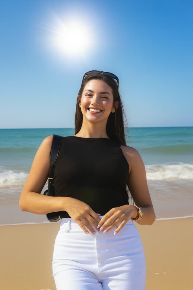 make her smile and stand on a sunny beach