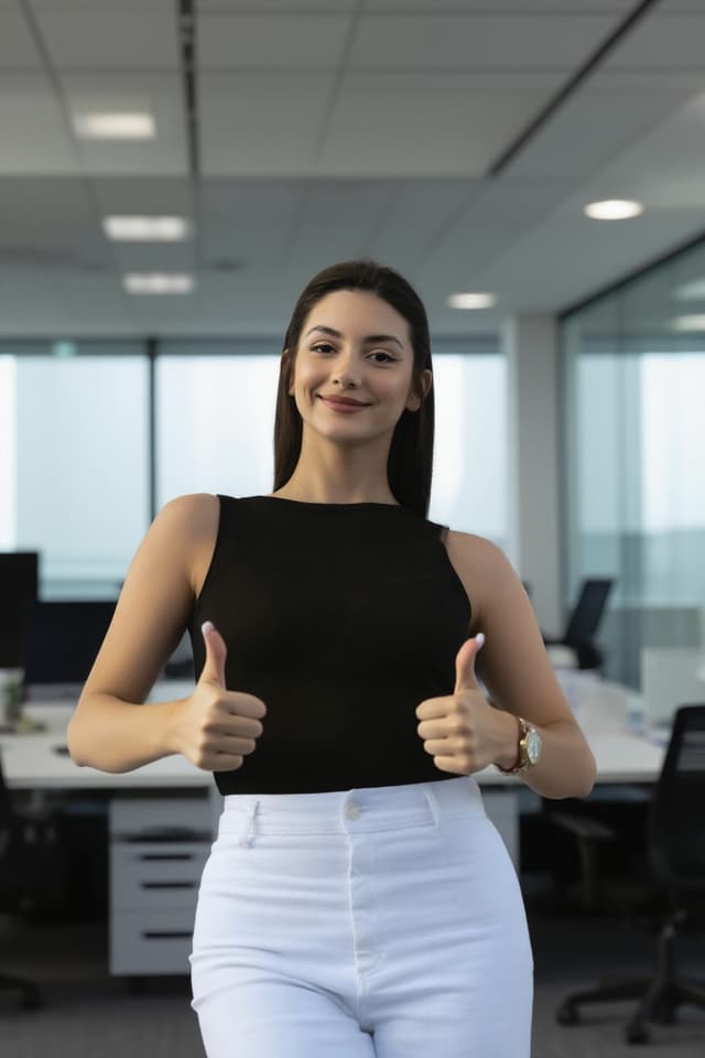 make her stand in a corporate office and do thumbs up sign with her hands