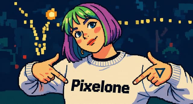 add text pixelone on her shirt and make it look like 90s cartoon